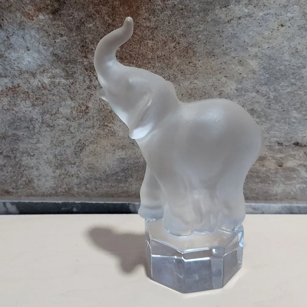 Vintage Goebel Frosted Crystal Elephant Paperweight On Pedestal Figurine